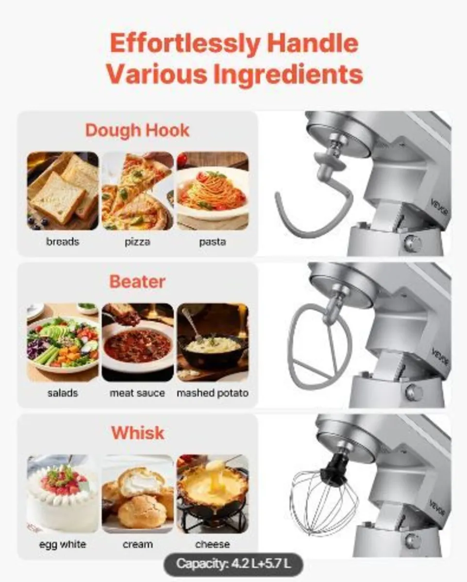 Stand Mixer, 4.2 L+5.7 L Electric Kitchen Mixer - Image 3