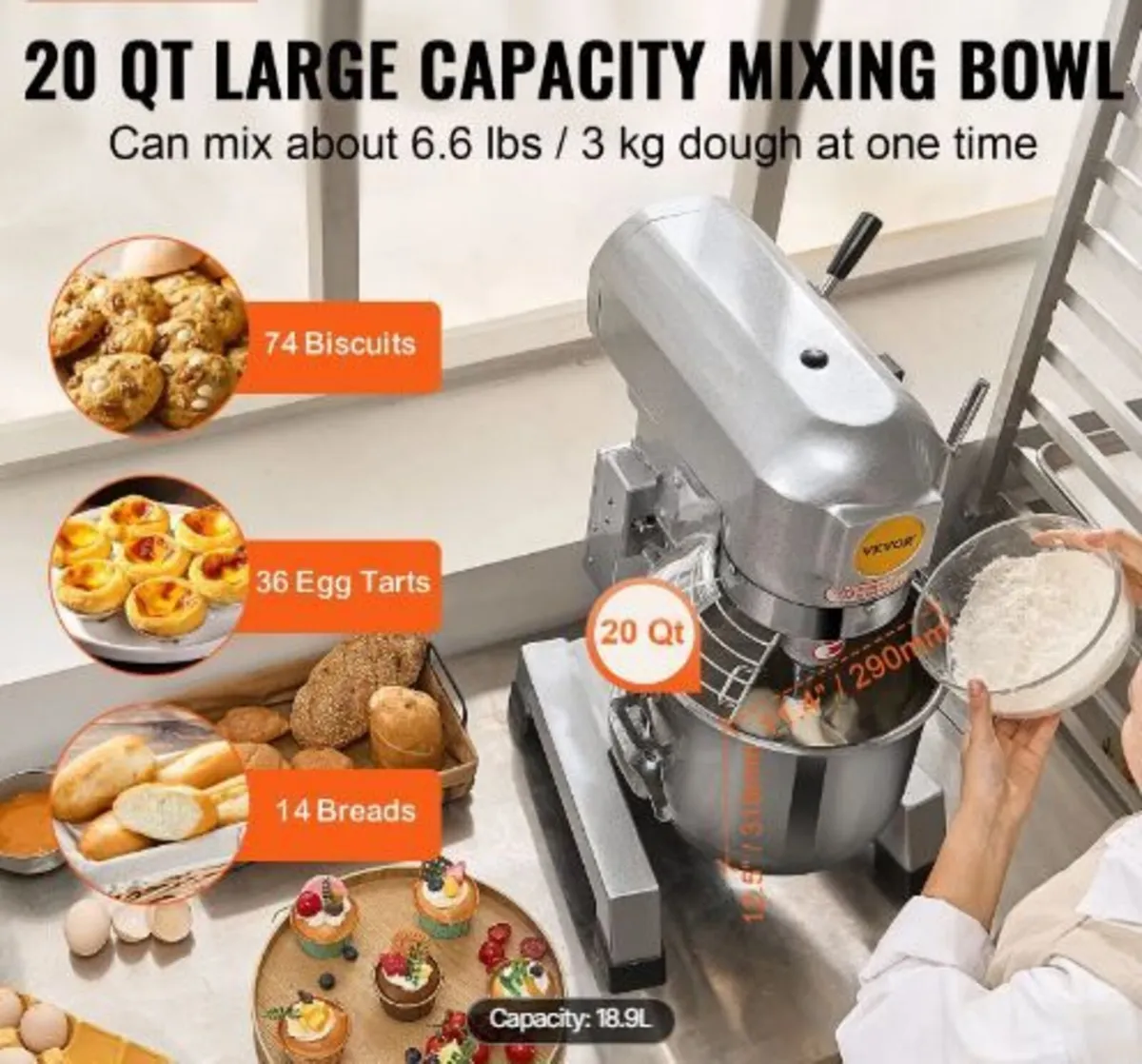 Commercial Food Mixer, 18.7L Commercial Stand Mix - Image 3