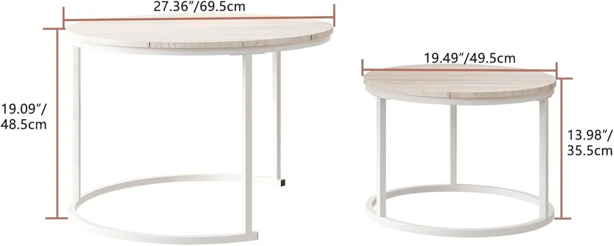 Round Coffee Table Living Room Oak Nesting Metal - Image 2