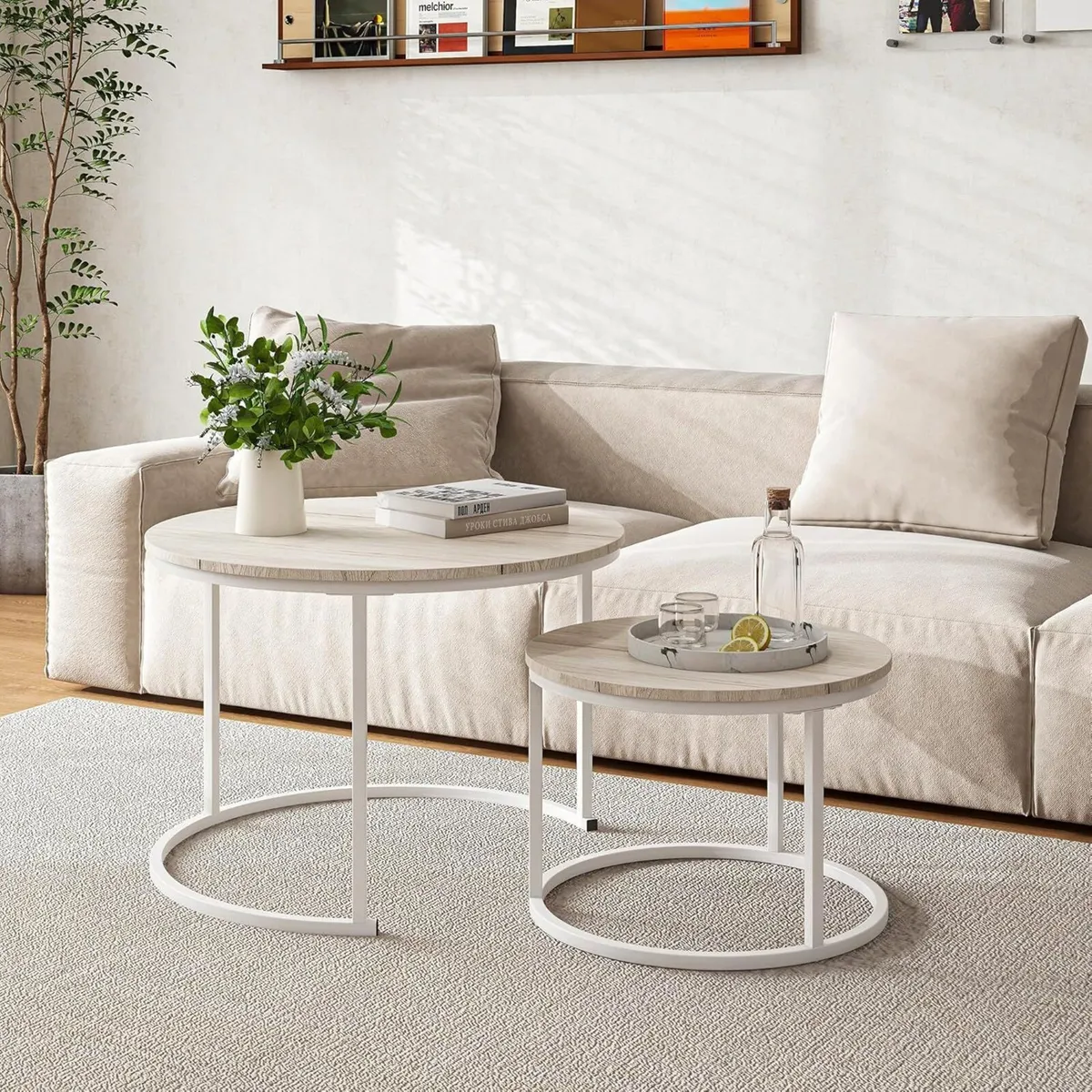Round Coffee Table Living Room Oak Nesting Metal - Image 3