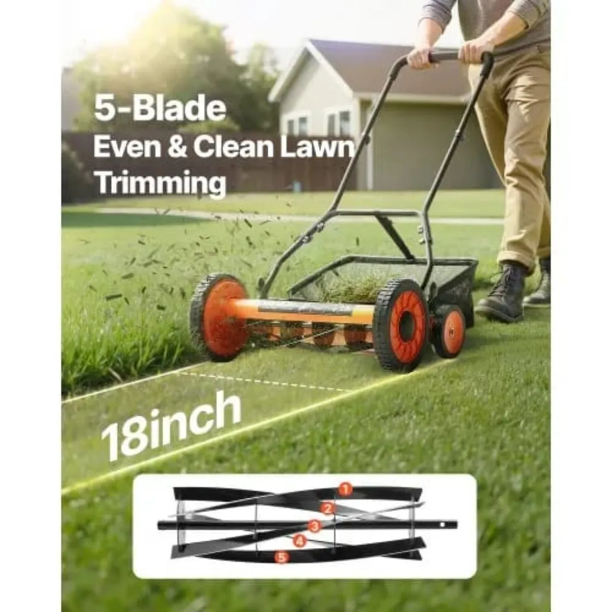 Push Reel Lawn Mower 45 cm, 5 Blades Manual Push M - Image 2