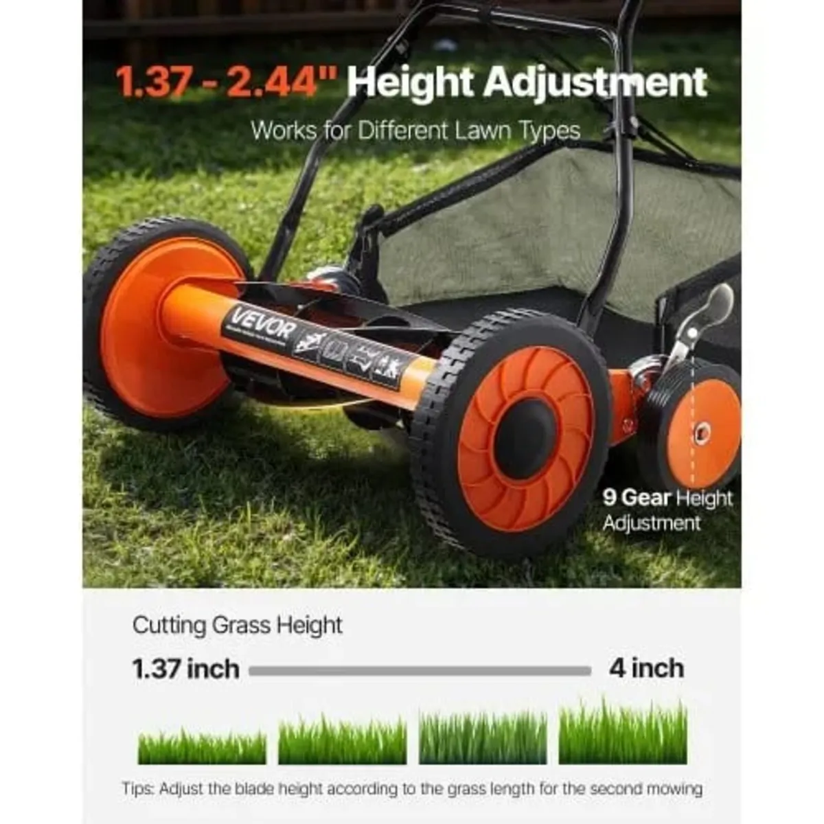 Push Reel Lawn Mower 45 cm, 5 Blades Manual Push M - Image 4