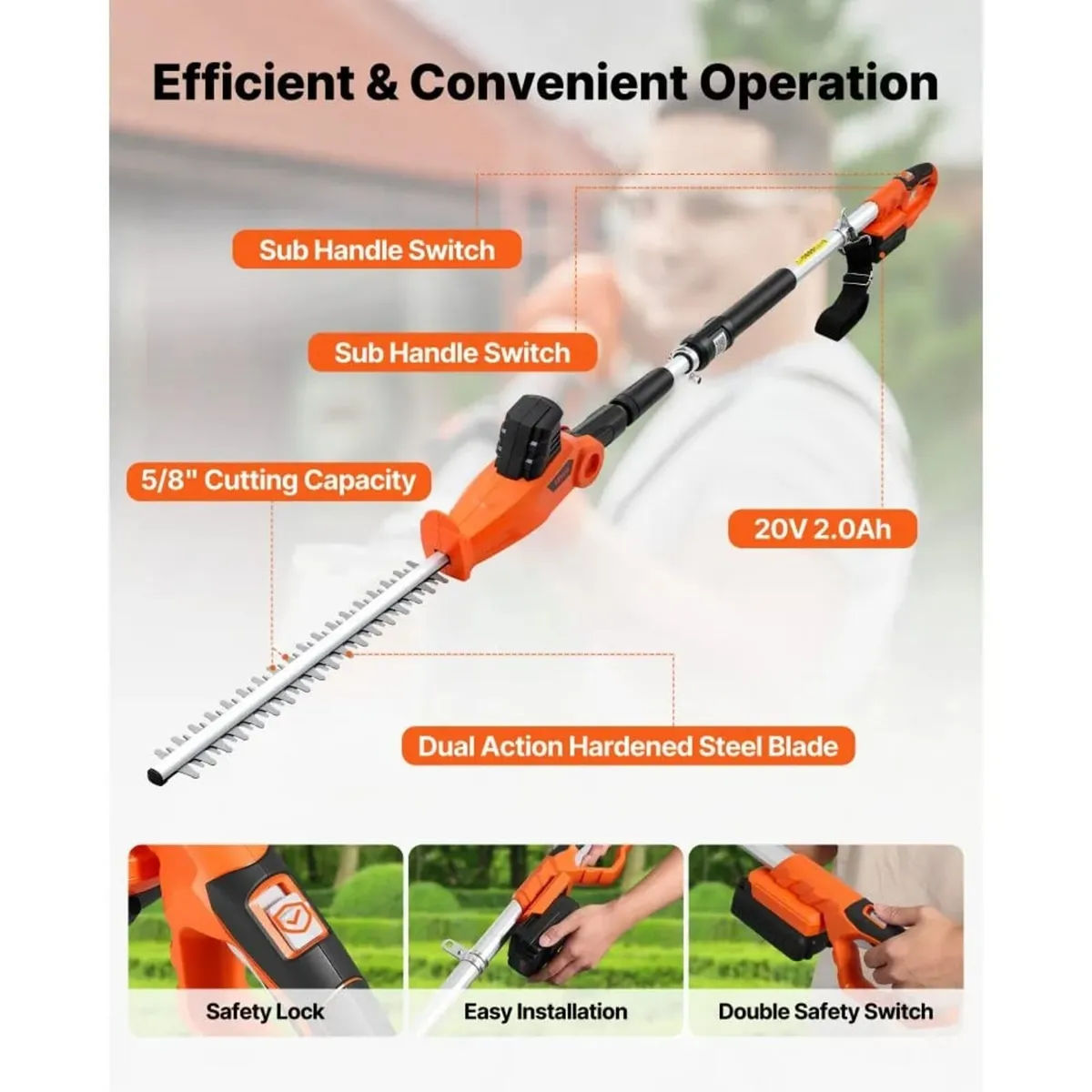 Cordless Pole Hedge Trimmer, 20V Electric Bush Tri - Image 2