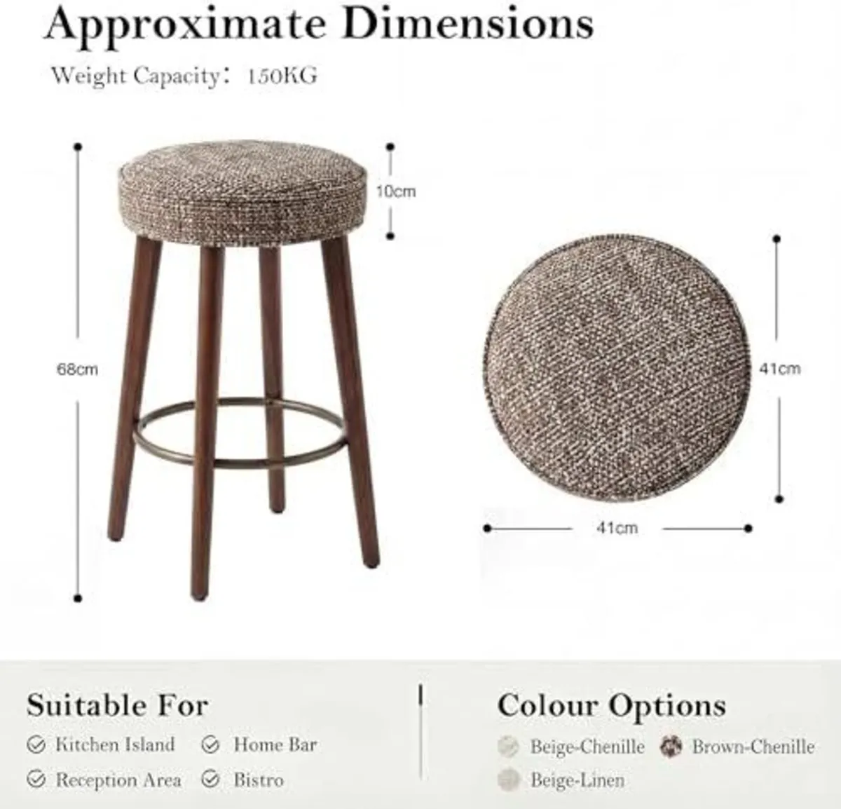 Set of 2 Chenille Bar Stools, 68cm Counter Height - Image 2
