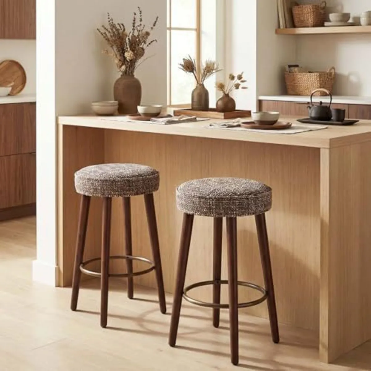 Set of 2 Chenille Bar Stools, 68cm Counter Height - Image 1