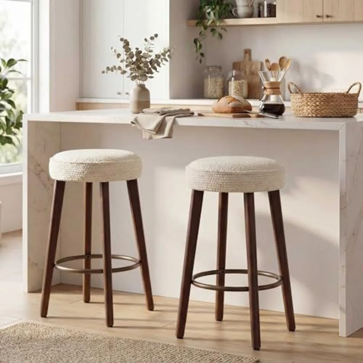 Set of 2 Chenille Bar Stools, 68cm Counter Height - Image 1
