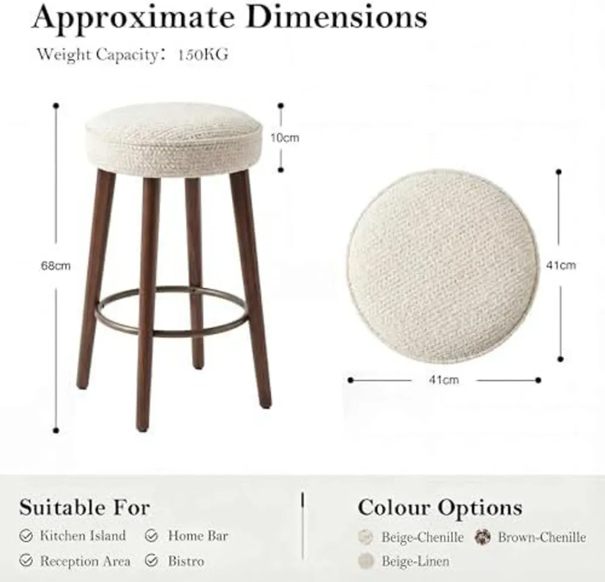 Set of 2 Chenille Bar Stools, 68cm Counter Height - Image 2