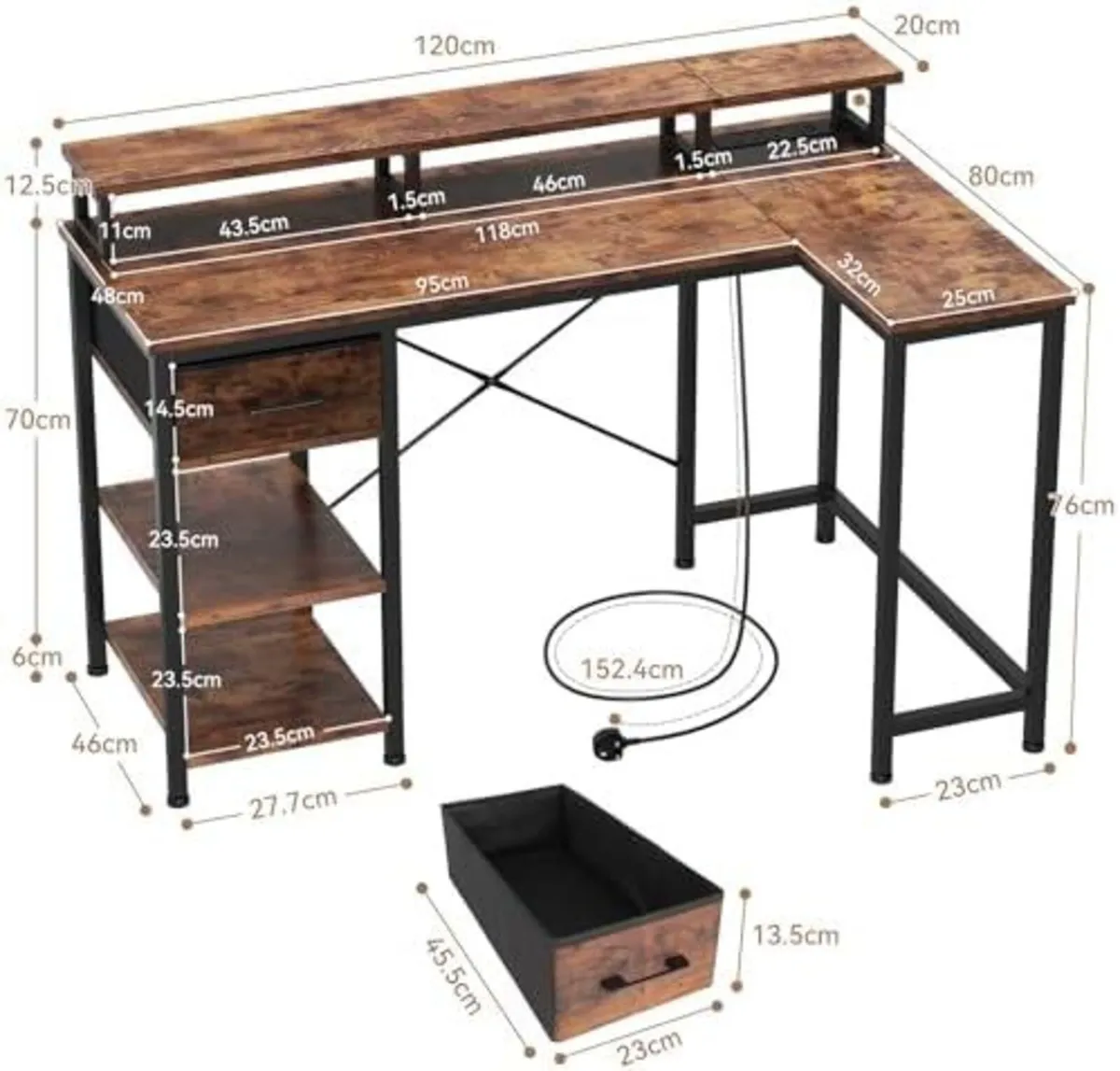L Shaped Desk with Power Outlet Corner Computer De - Image 2