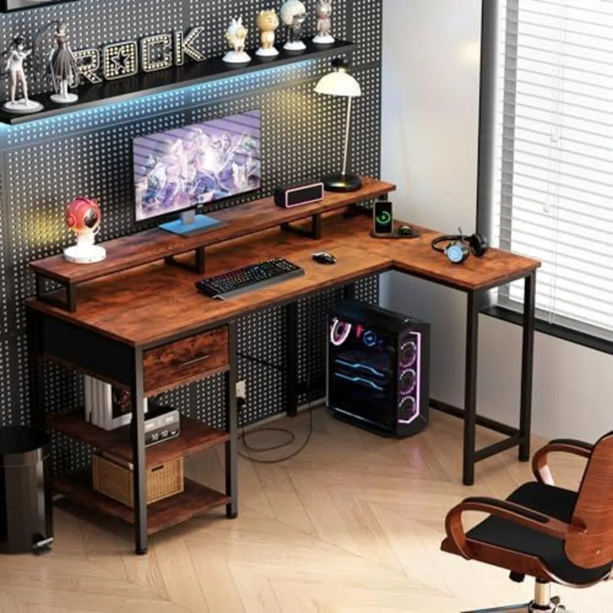 L Shaped Desk with Power Outlet Corner Computer De - Image 4