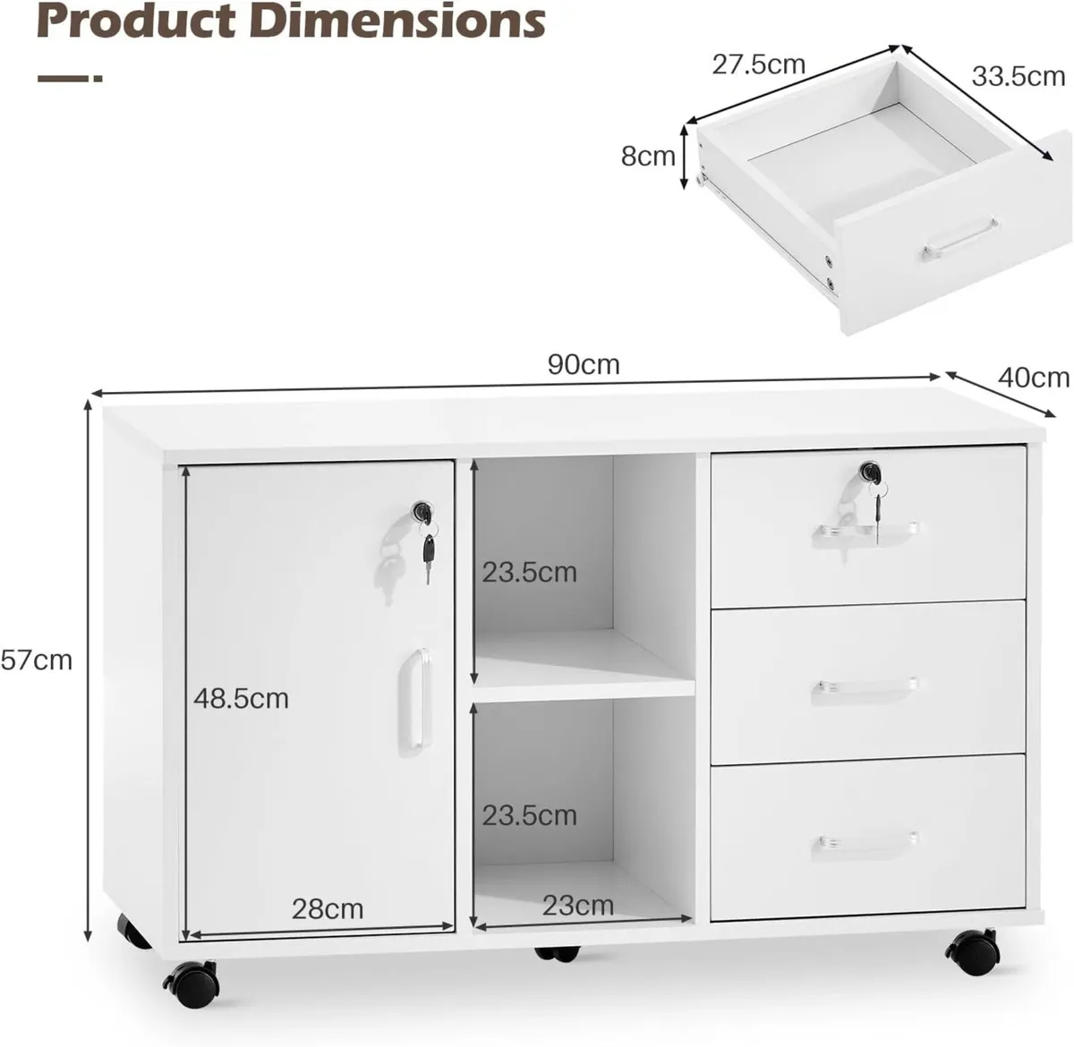 Mobile File Cabinet with 3 Drawers and Lockable - Image 3