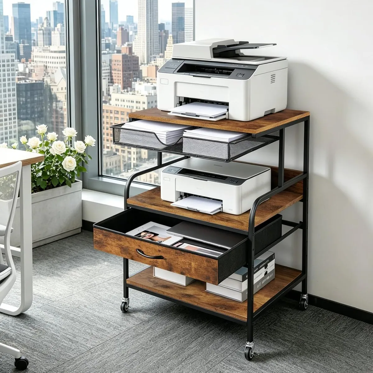 Large Printer Stand with Storage Drawer and Wheels - Image 1
