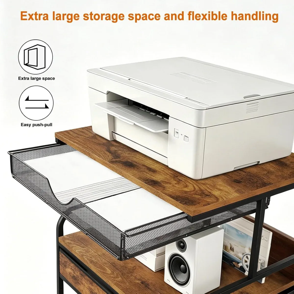Large Printer Stand with Storage Drawer and Wheels - Image 4