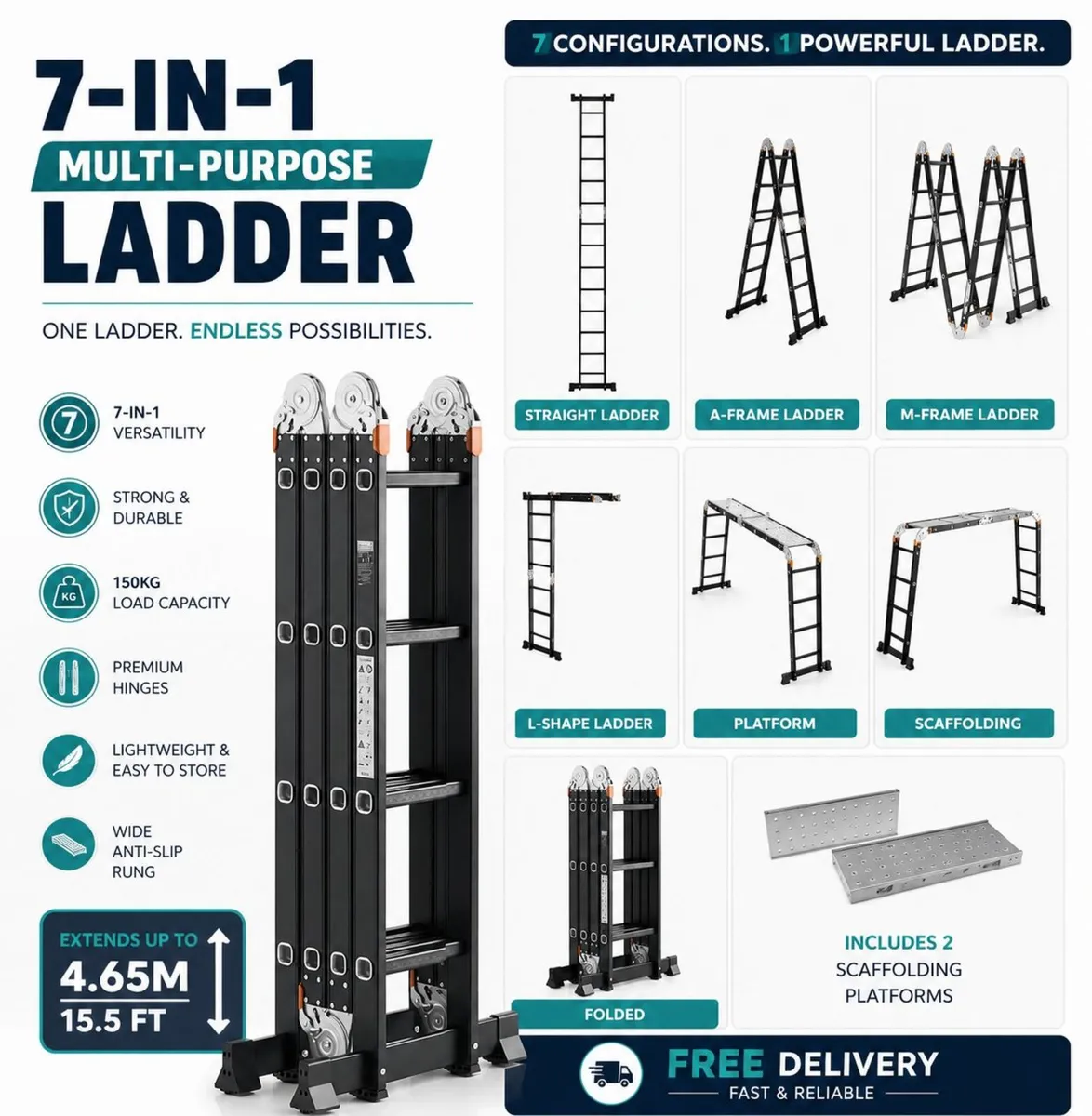 Heavy-duty aluminium multifunction ladder - Image 1