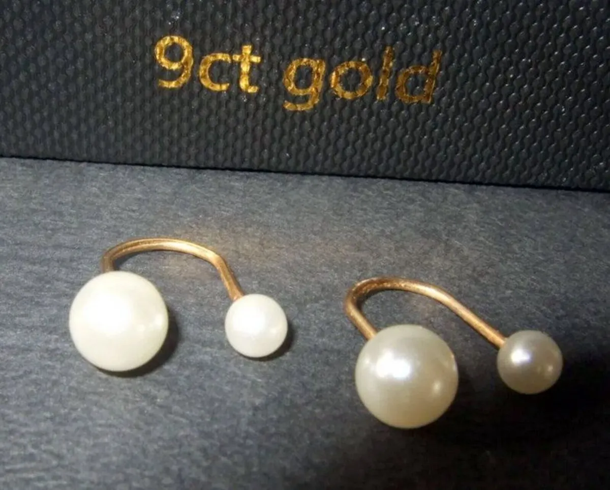 Vintage 9ct Gold & Pearl Double-Stud Hoop Earrings - Image 1