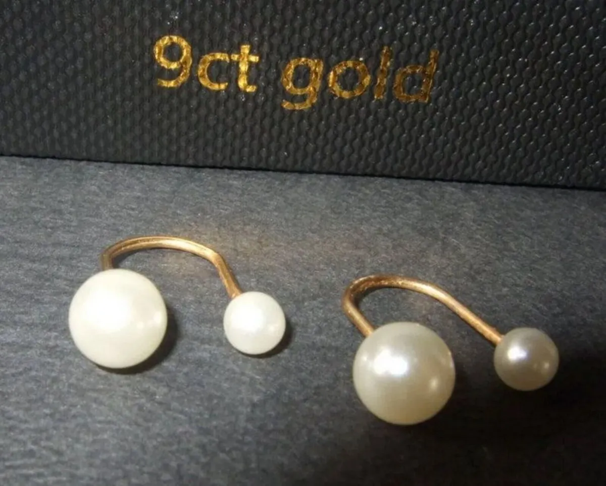 Vintage 9ct Gold & Pearl Double-Stud Hoop Earrings - Image 4
