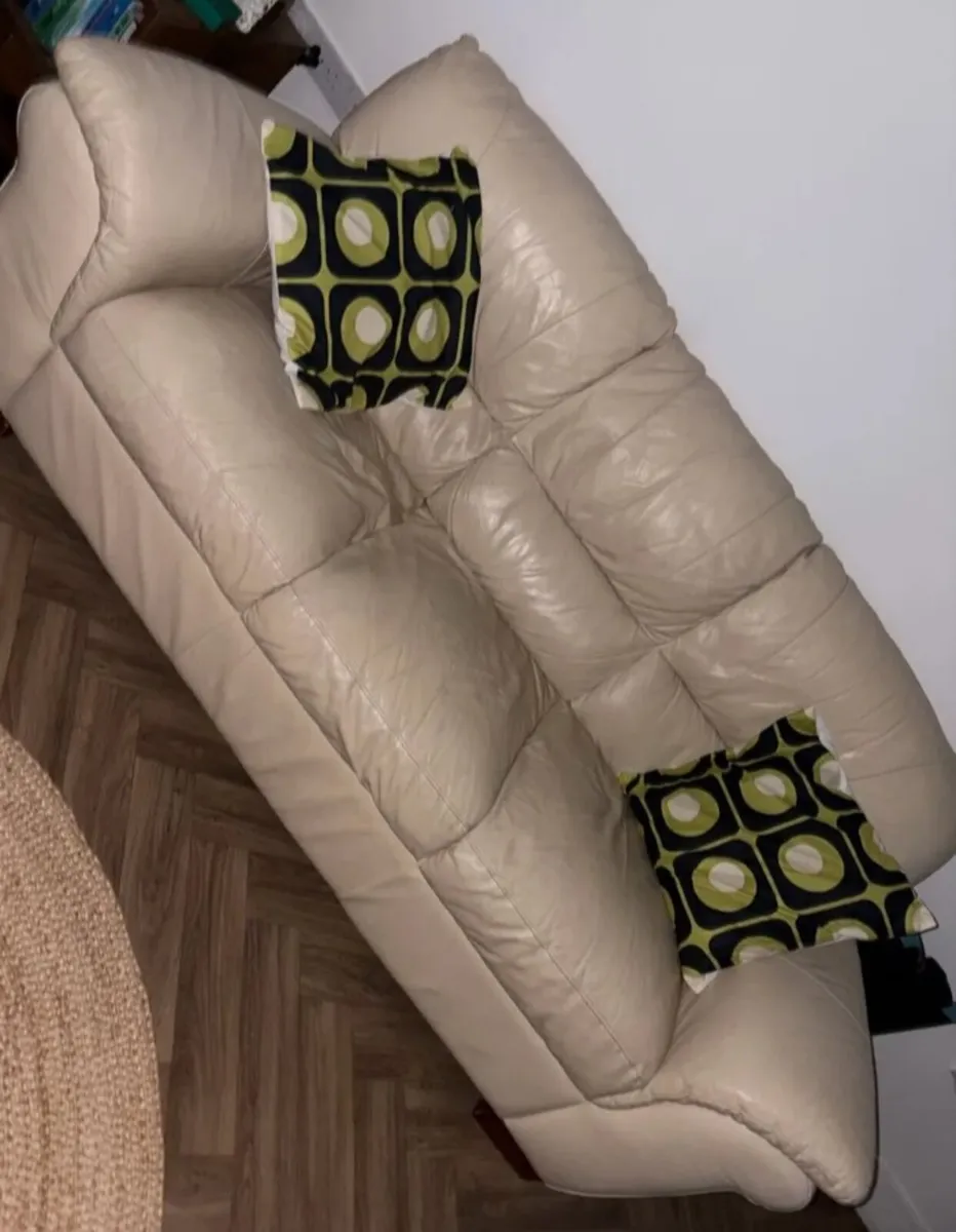 Cream Leather 3 Seater Sofa Genuine Leather - Image 1
