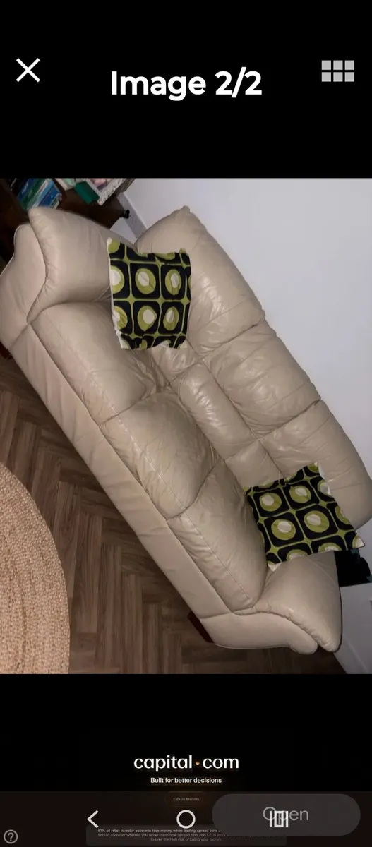 Cream Leather 3 Seater Sofa Genuine Leather - Image 2