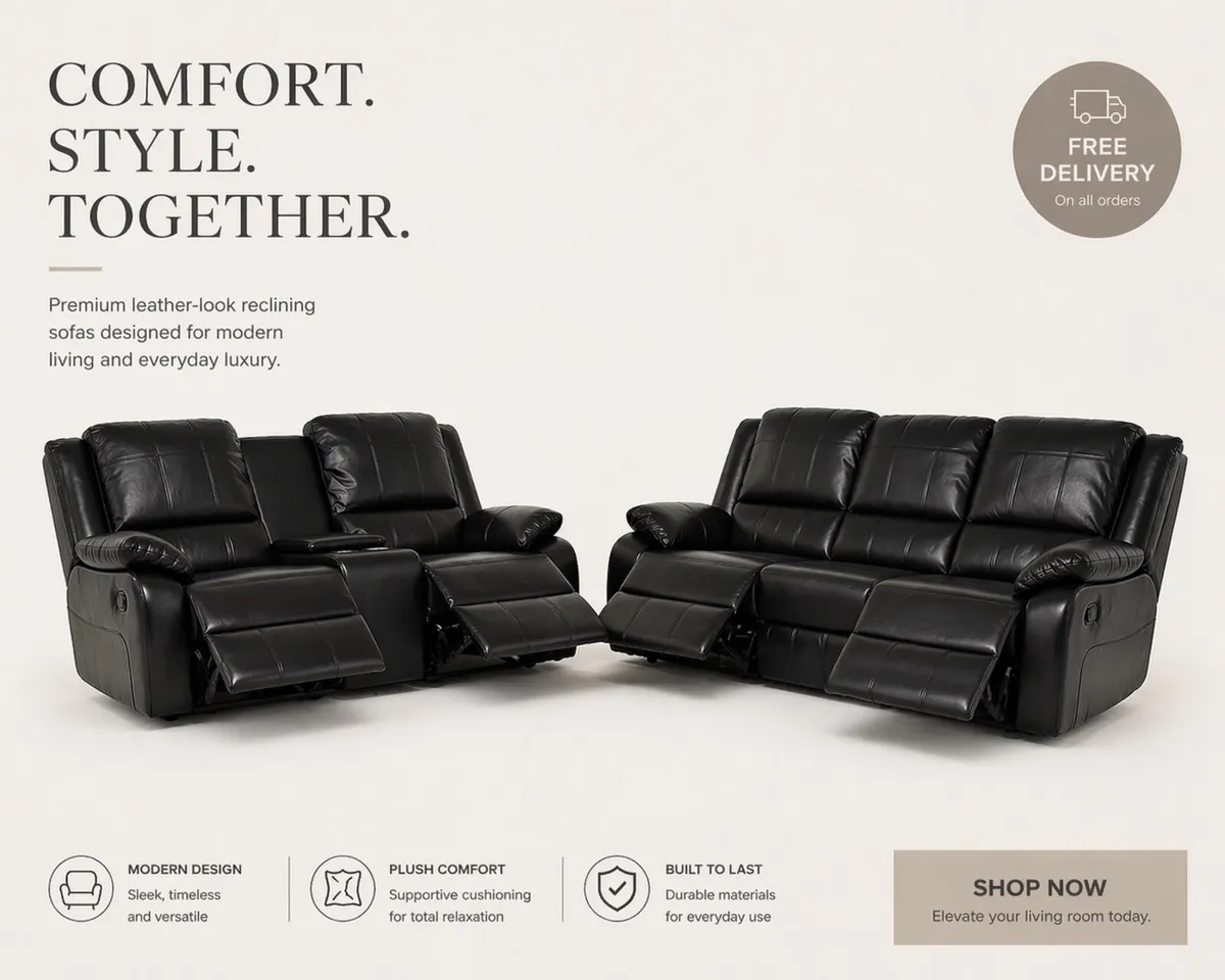 New Grey & Black Leather Sofa Sets - Image 4
