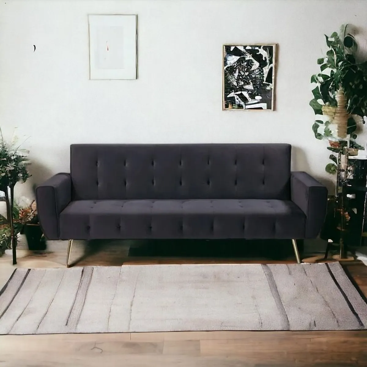 Black Luxury Velvet Sofa Bed with Golden Legs - Image 1