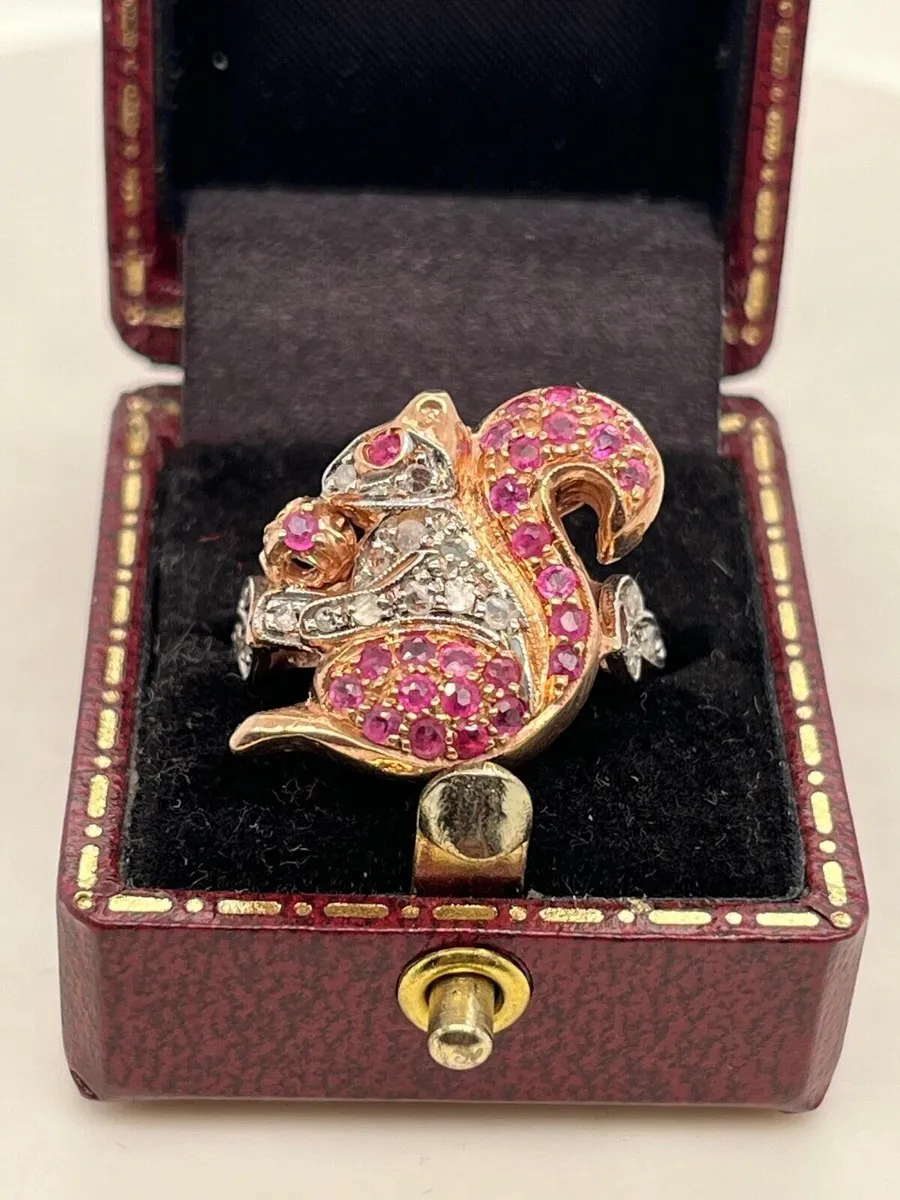 9k rose gold squirrel ring with diamonds and ruby - Image 1