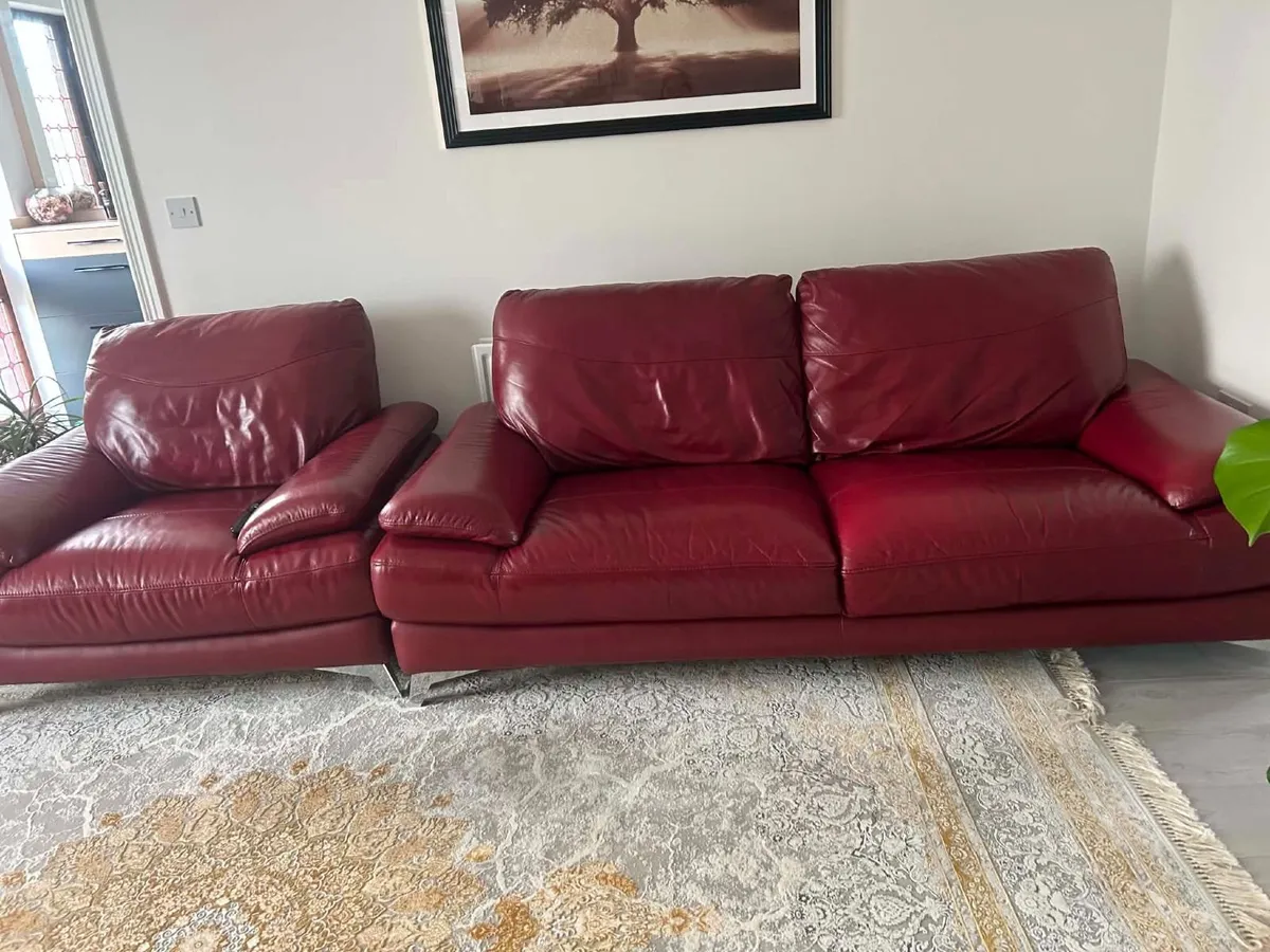 Burgundy Genuine Leather Sofa Set – 3 Seater & Arm - Image 1