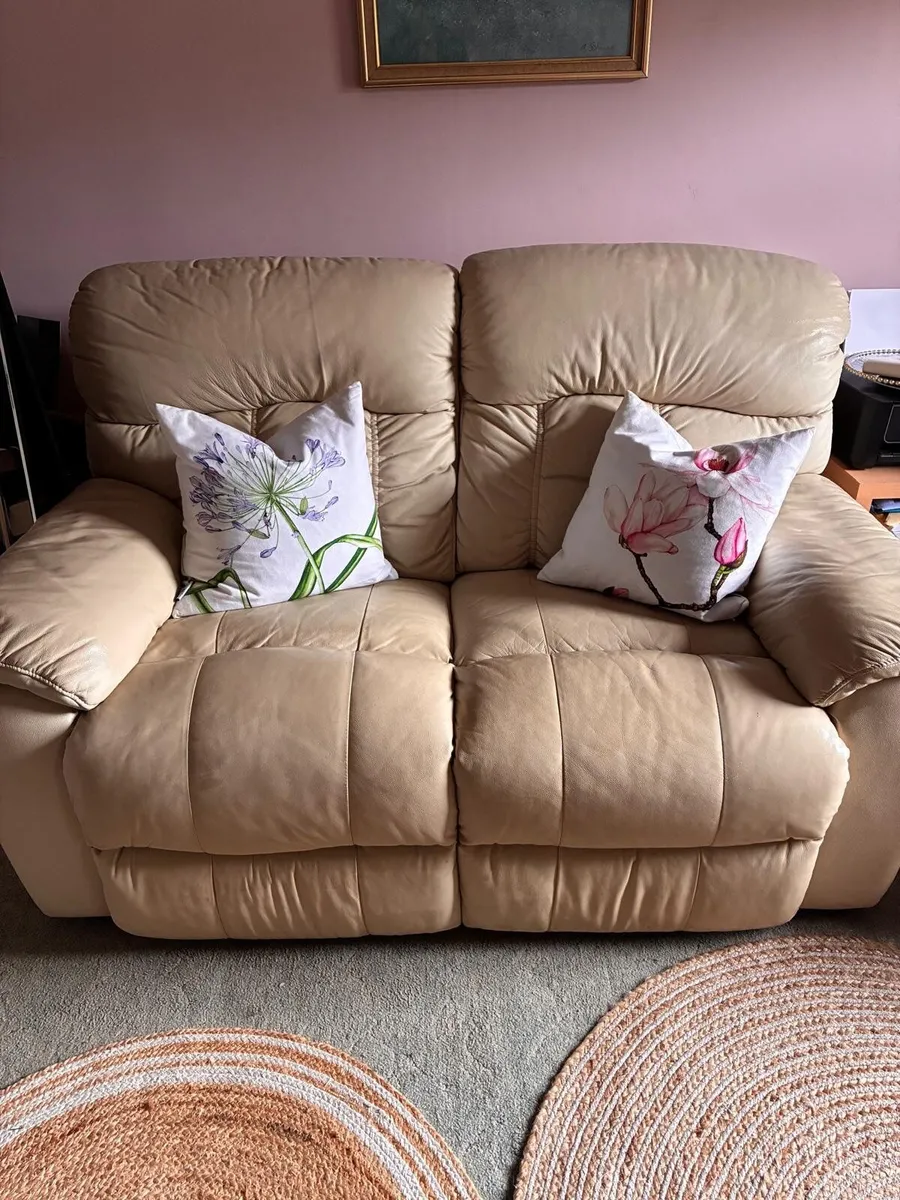 2 x reclining cream leather sofas for sale - Image 4