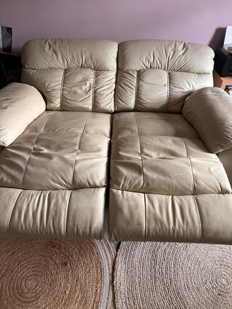 2 x reclining cream leather sofas for sale - Image 2