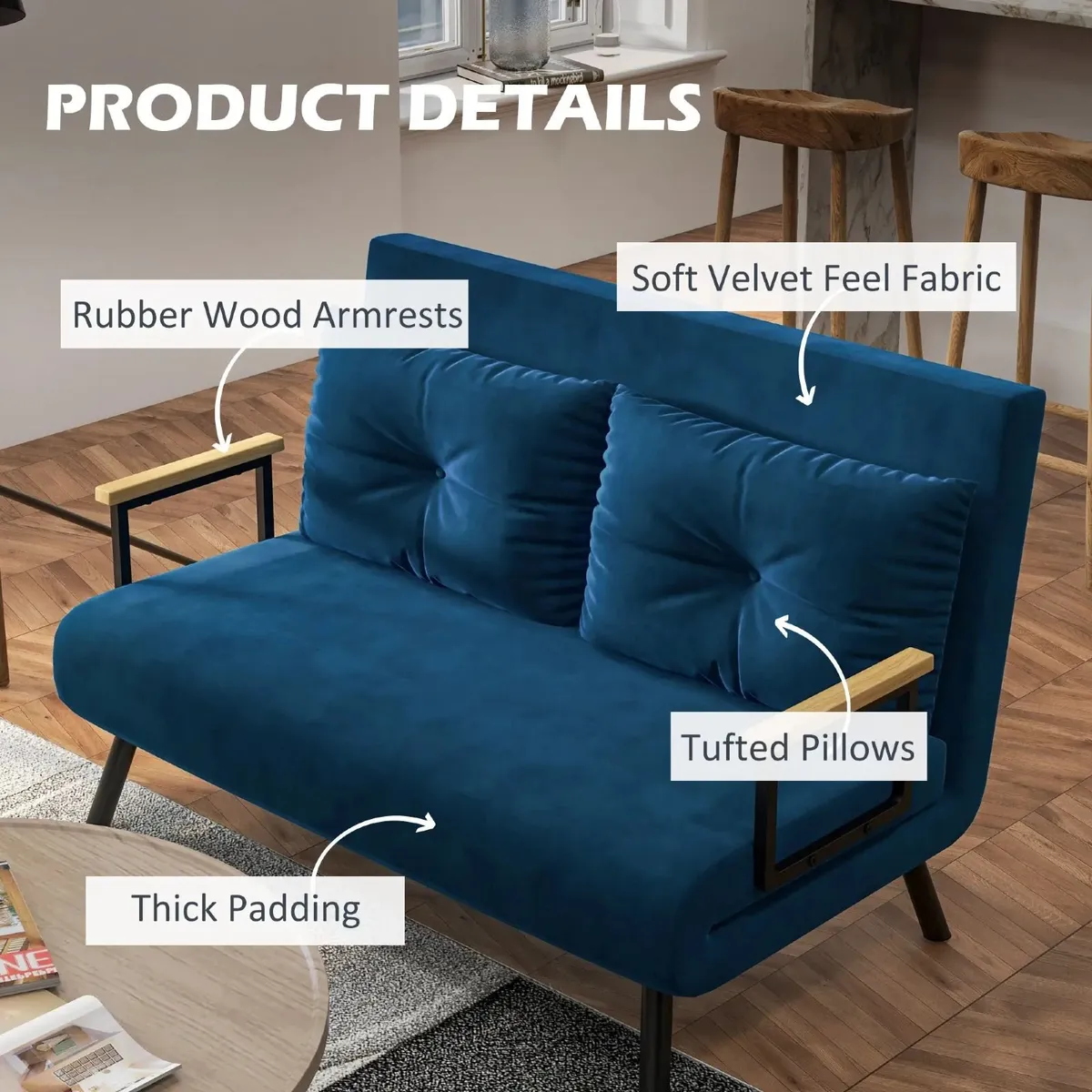 2 Seater Convertible Sofa Bed with Adjustable 5-Le - Image 4