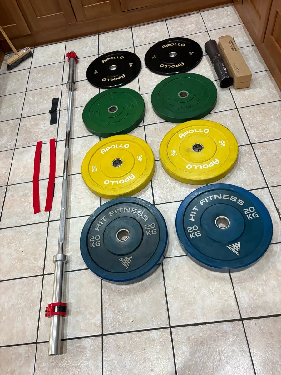 QUALITY OLYMPIC BUMPER PLATES AND BARBELL SET! - Image 1