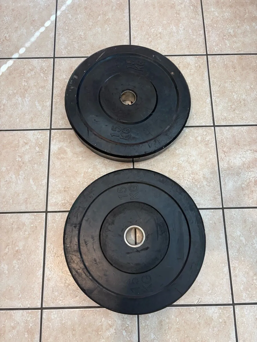 2 X 15KG OLYMPIC BUMPER WEIGHT PLATES, READ!