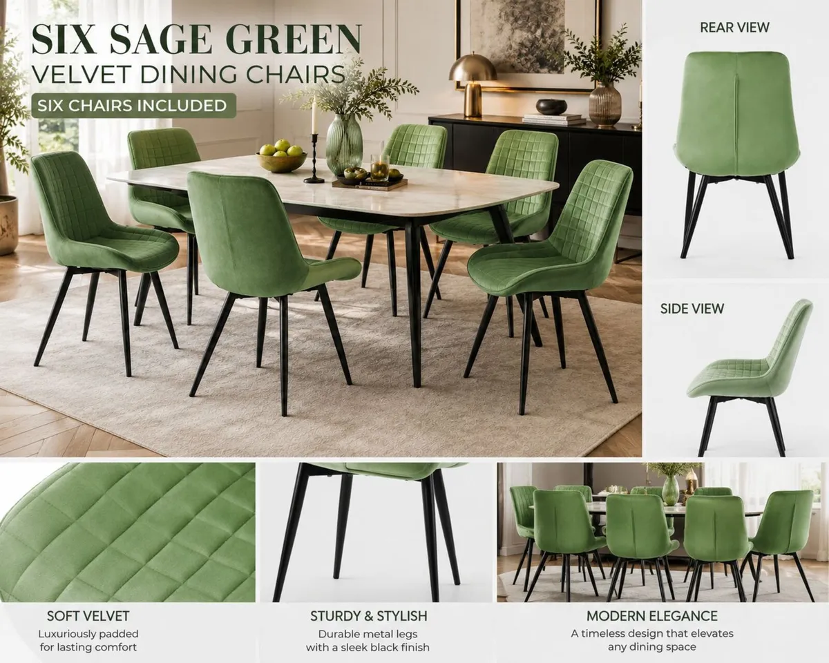 Set of 6 Sage Green Velvet Dining Chairs – Upholst - Image 1
