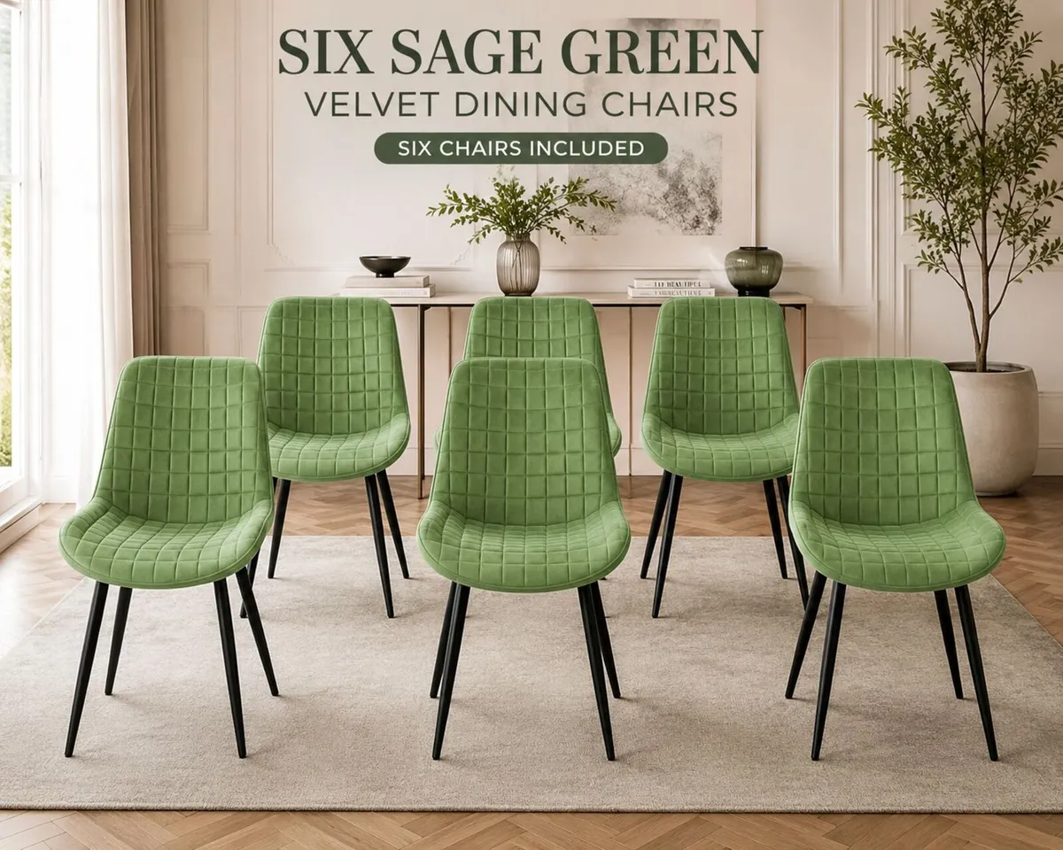 Set of 6 Sage Green Velvet Dining Chairs – Upholst - Image 2