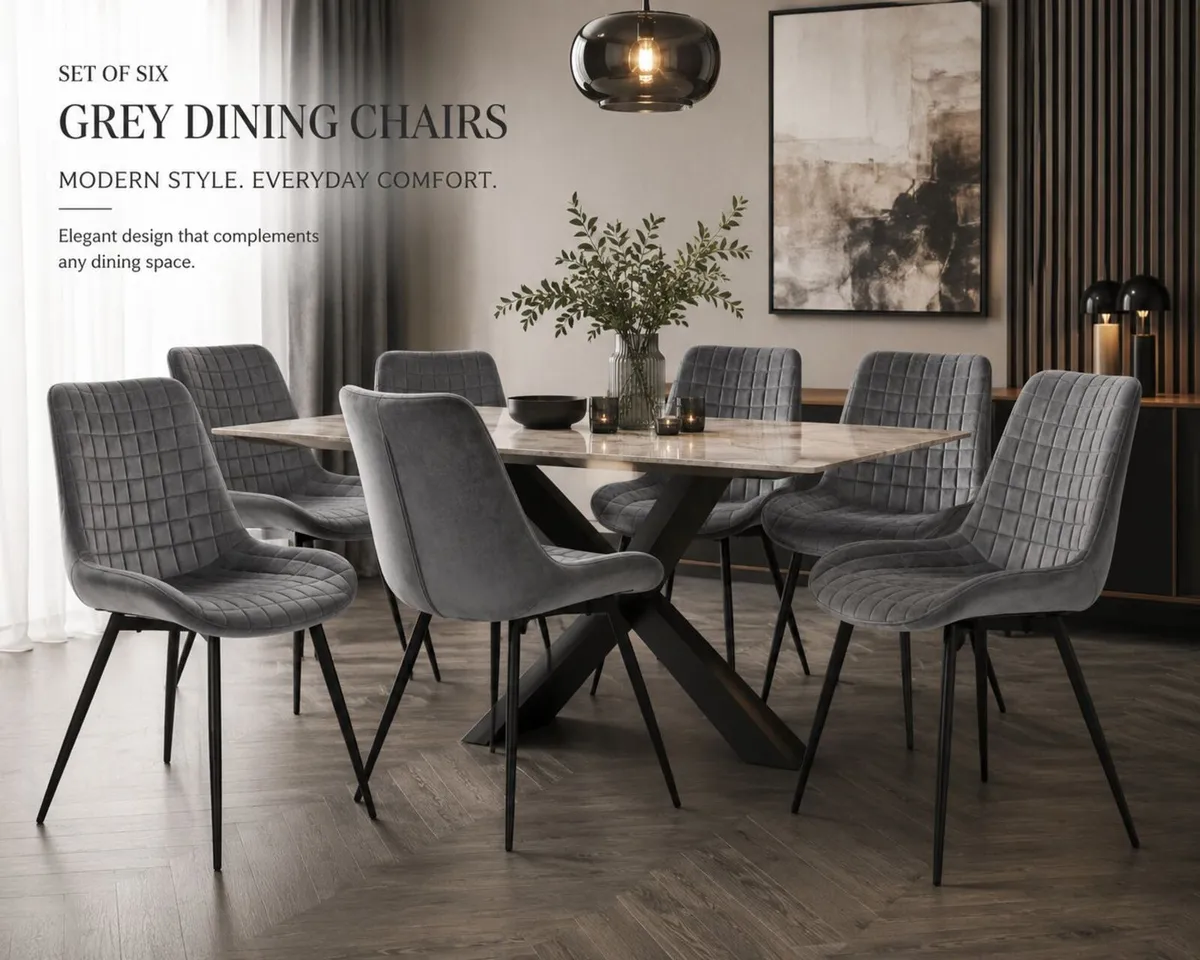 Set of 6 Grey Velvet Dining Chairs - Image 1
