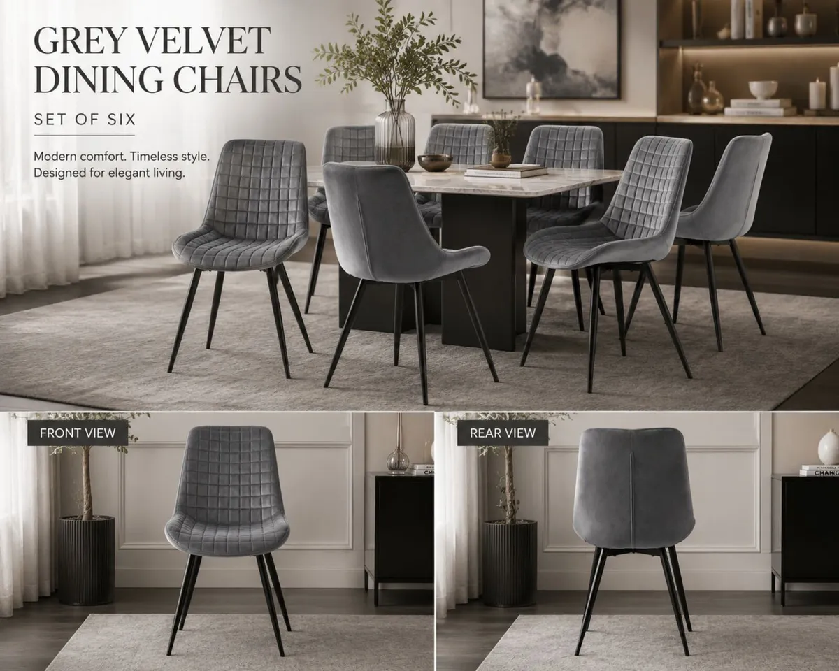 Set of 6 Grey Velvet Dining Chairs - Image 2