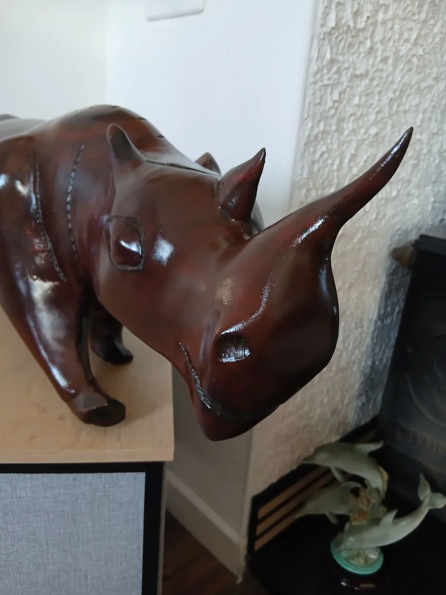 Rare Large Vintage Hand Carved African Rhinoceros - Image 2