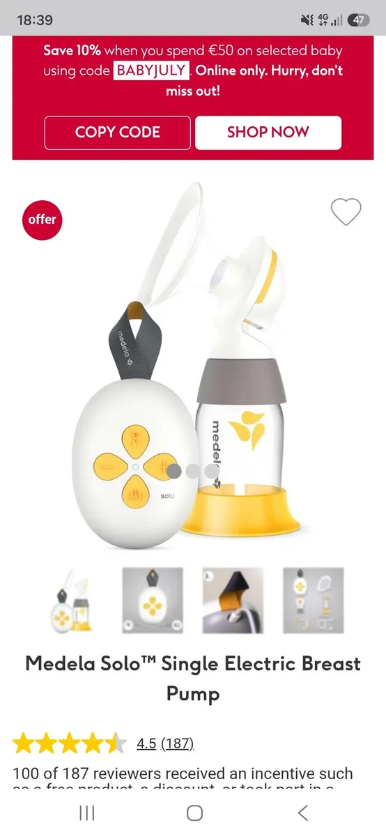 Medela Solo Single Electric Breast Pump & CarryBag - Image 1
