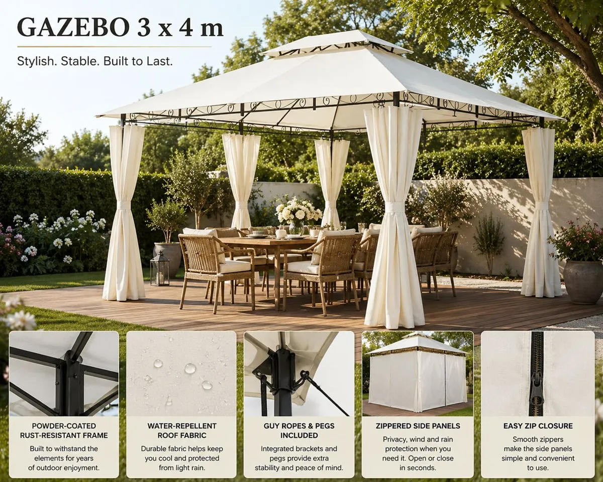3 x 4m Metal Garden Gazebo with Side Curtains Wate - Image 1