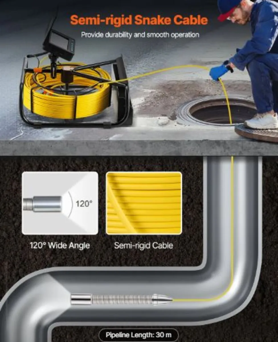 Sewer Camera, 98 ft/30 m,4.3-inch Drain Inspection - Image 2