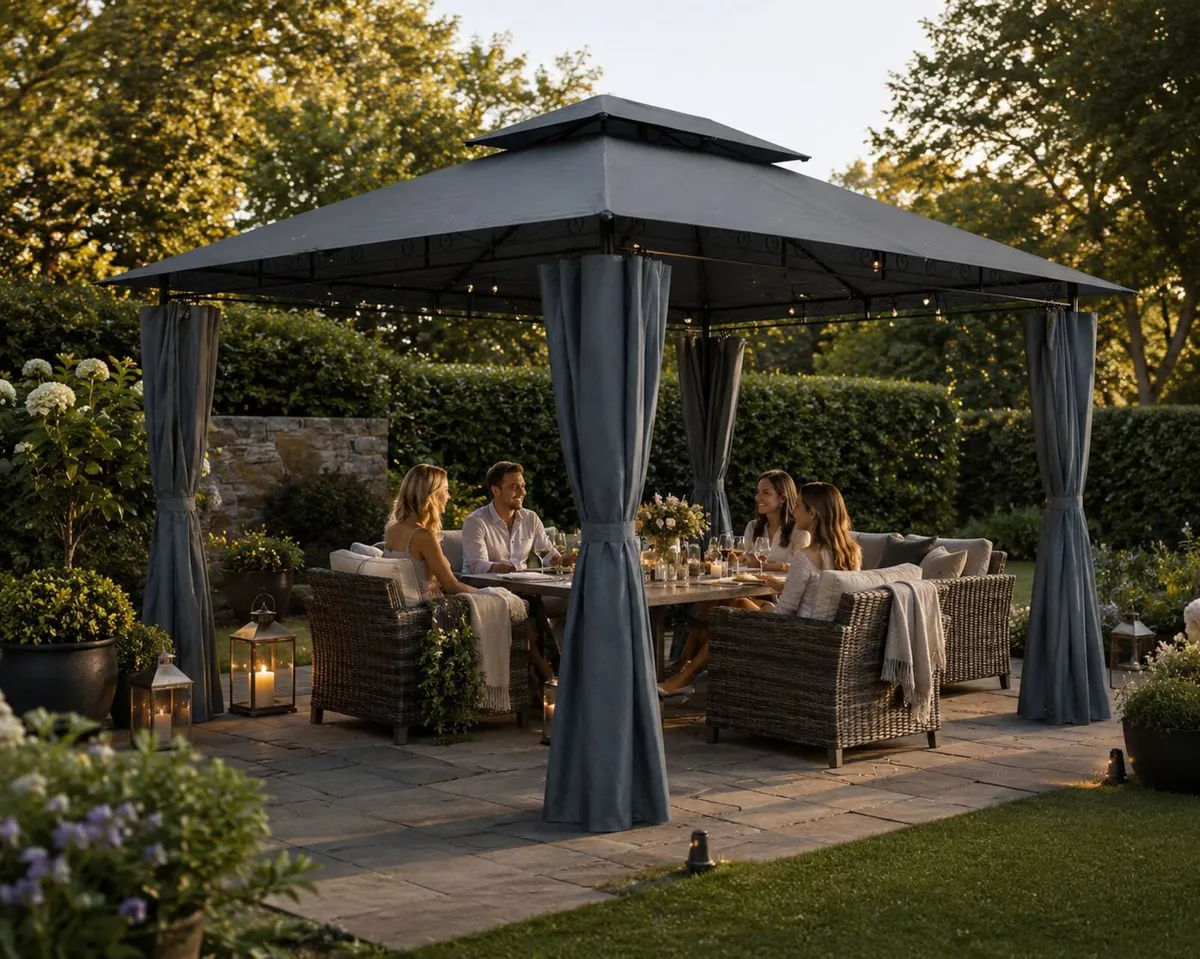 3 x 4m Metal Garden Gazebo with Side Curtains Wate - Image 1