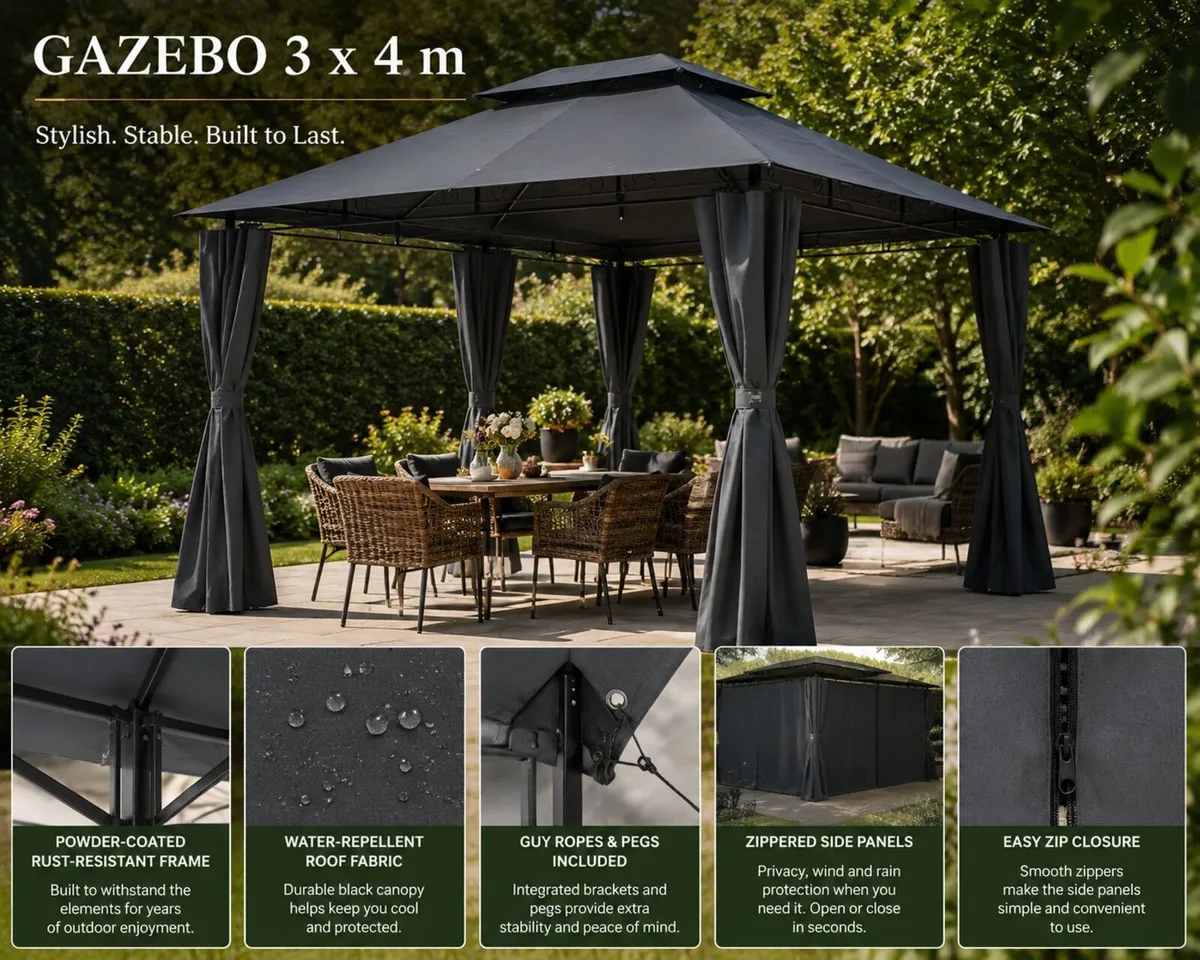 3 x 4m Metal Garden Gazebo with Side Curtains Wate - Image 2