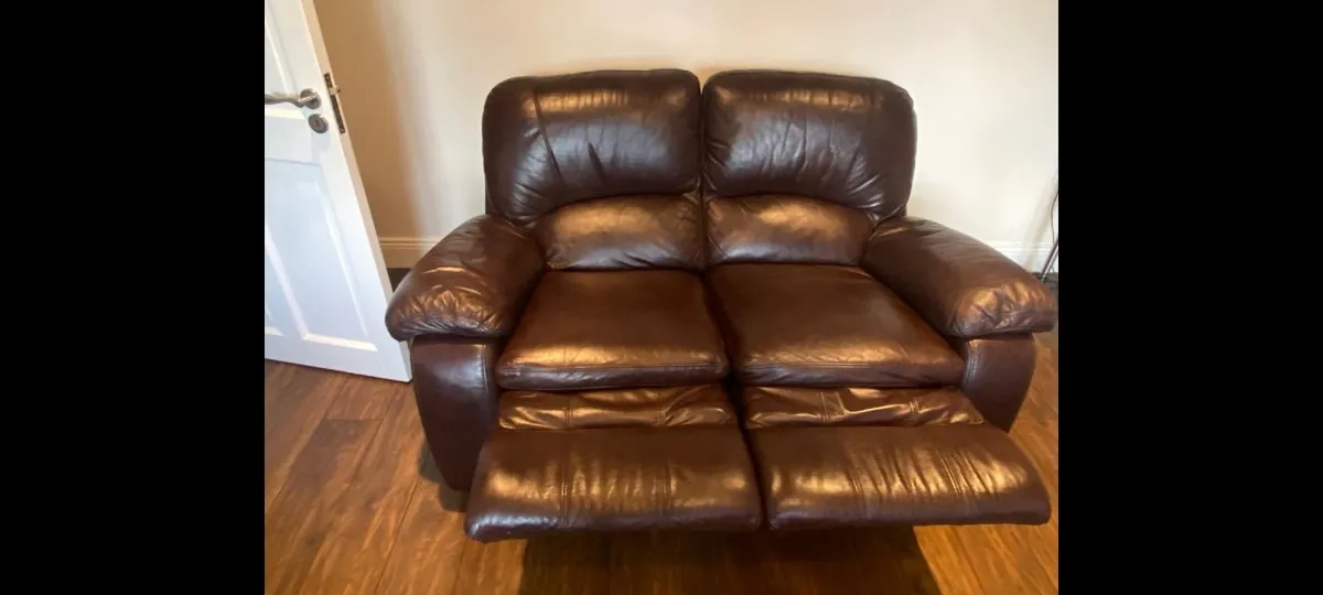 2 Seater Reclining Sofa - Brown Leather - Image 2