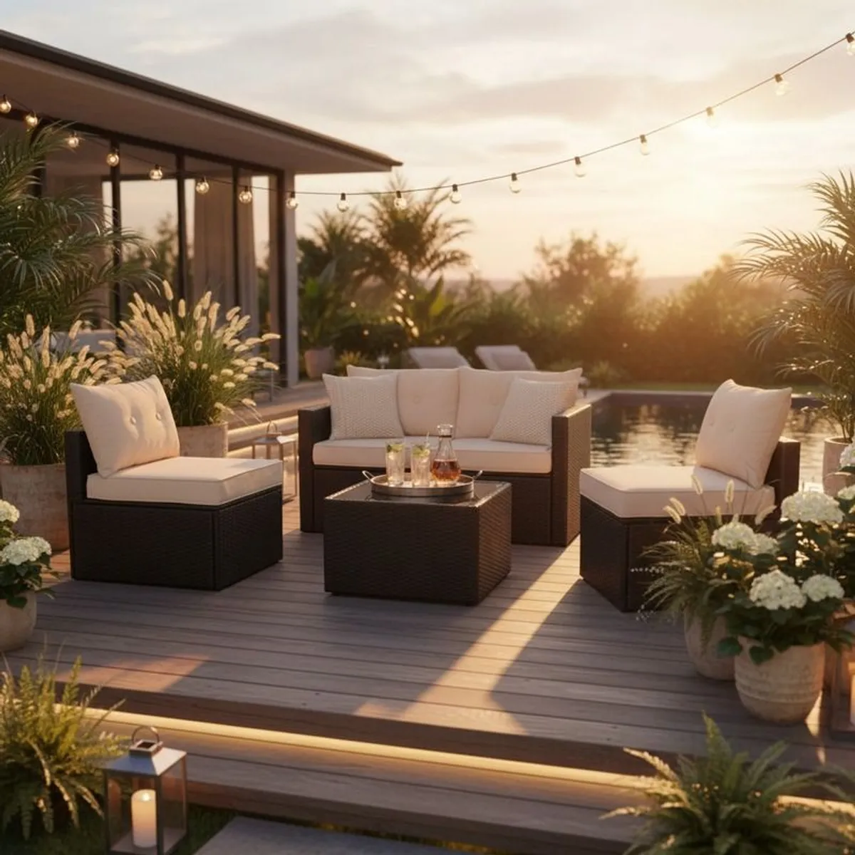 Florida Garden Rattan Sofa Set Outdoor Patio Furniture with 2 Armchairs & Table - Image 2