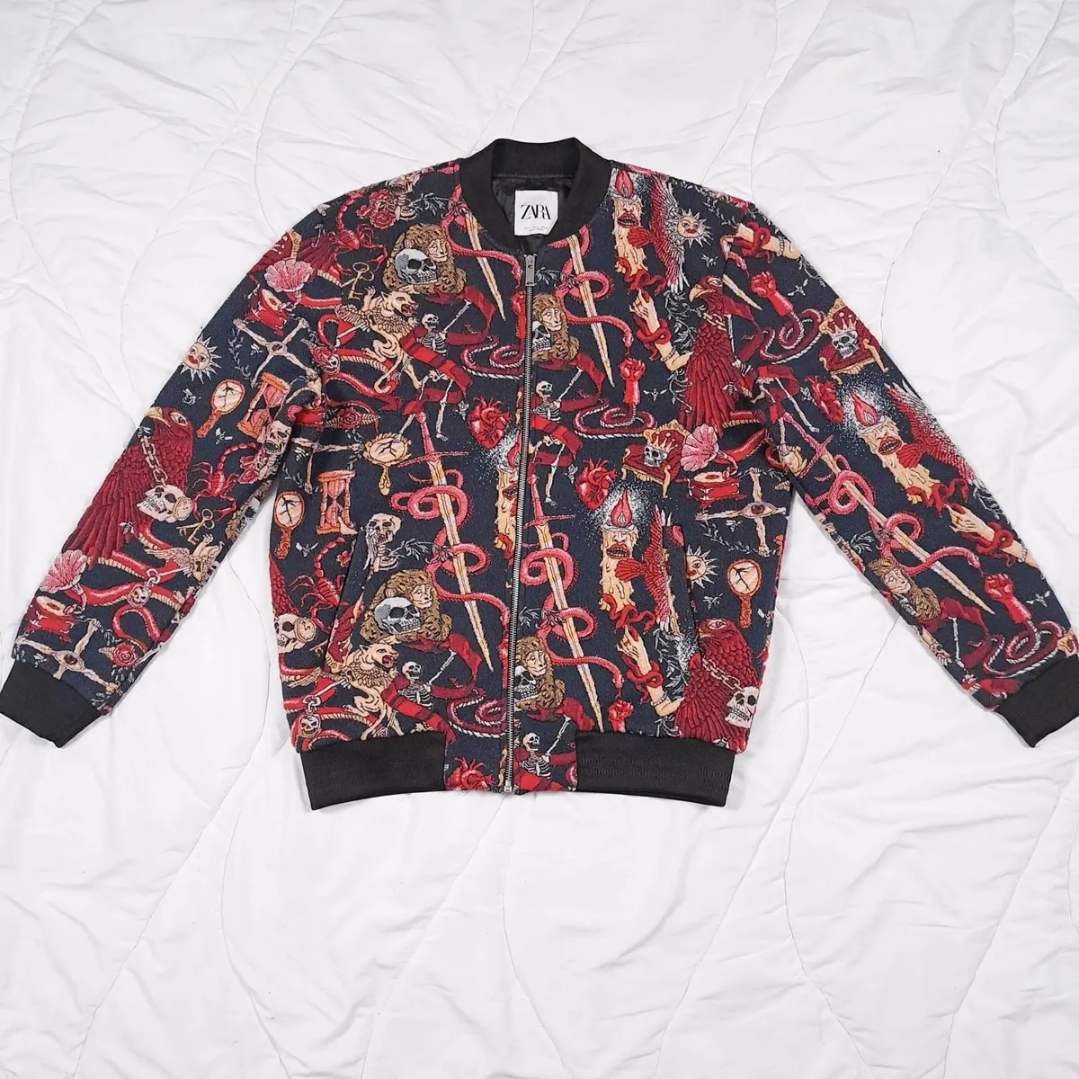 Zara Red Navy Alchemy Graphic Bomber Jacket L - Image 1