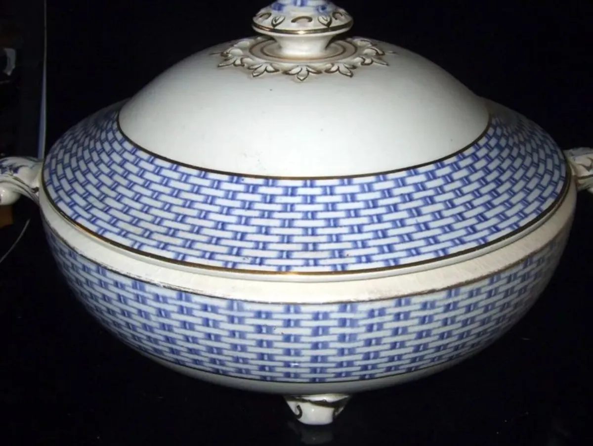 Antique Soho Pottery "Montauban" Blue Basket-Weave - Image 1