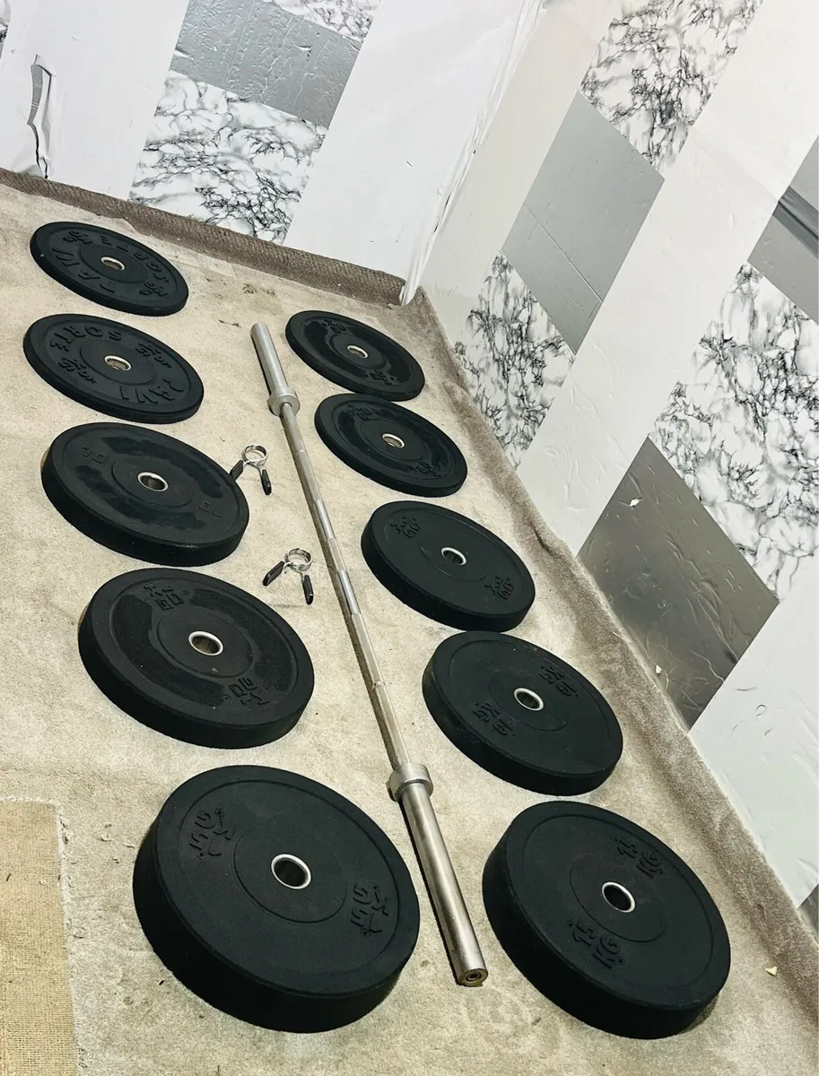 110KG OLYMPIC BUMPER PLATES BARBELL SET - Image 1