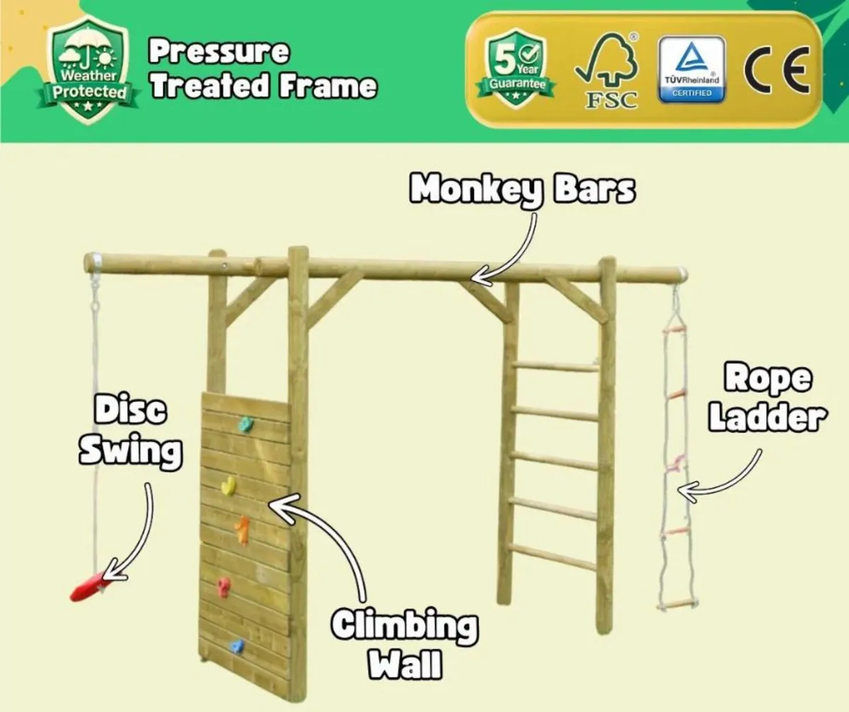 Rocco Compact Wooden Monkey Bars, Swing & Climbing - Image 3