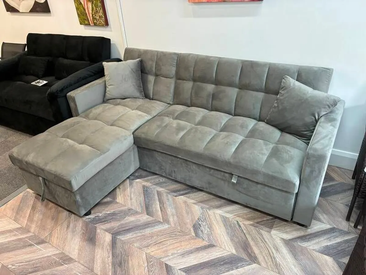 Kris Grey Velvet Sofa Bed, Reversible Chaise & Storage - Image 2