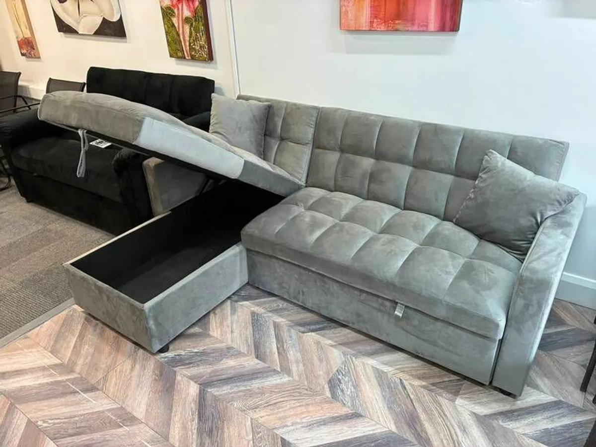 Kris Grey Velvet Sofa Bed, Reversible Chaise & Storage - Image 4