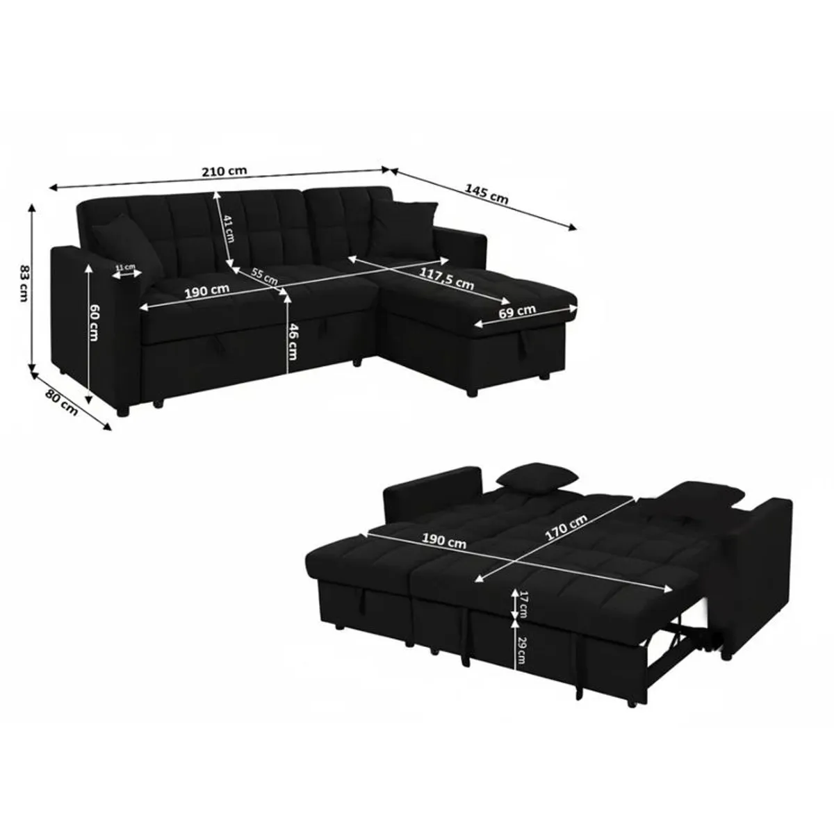 Kris Black Sofa Bed, Reversible Chaise & Storage - Image 4