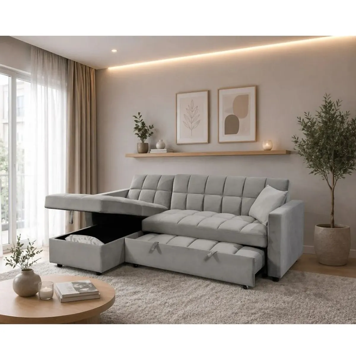 Kris Grey Velvet Sofa Bed, Reversible Chaise & Storage - Image 1
